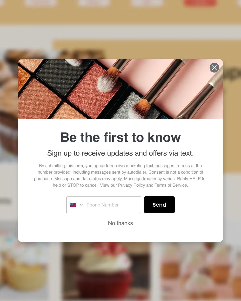 Example SWAK Cosmetics pop-up that specifically asks for someone's consent to receive text messages.
