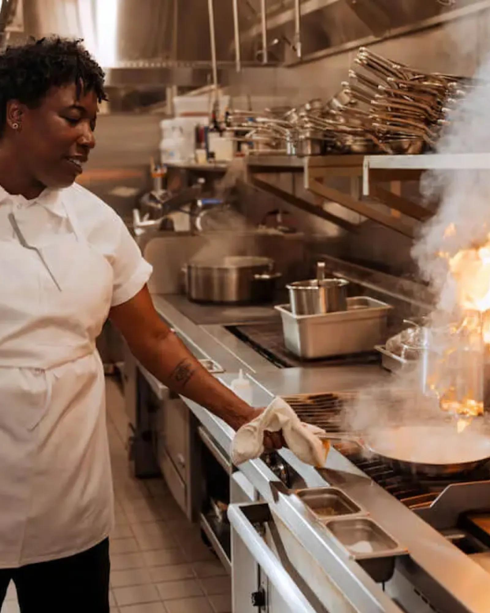 A photo of someone using a Made In frying pan.