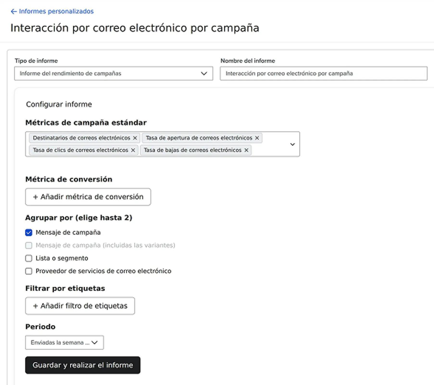 Custom report creation wizard showing configuration options for a Campaign performance Report.