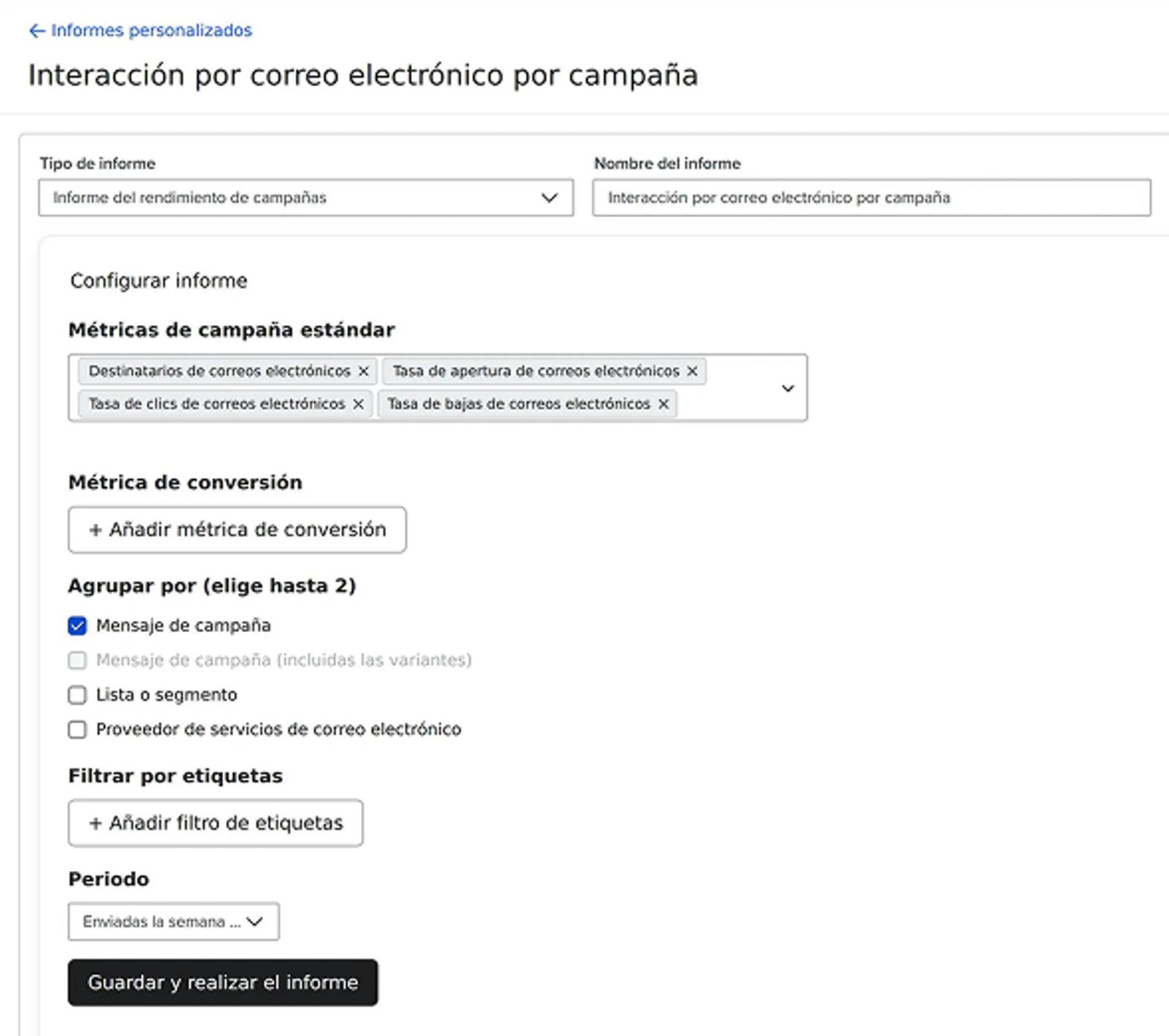 Custom report creation wizard showing configuration options for a Campaign performance Report.