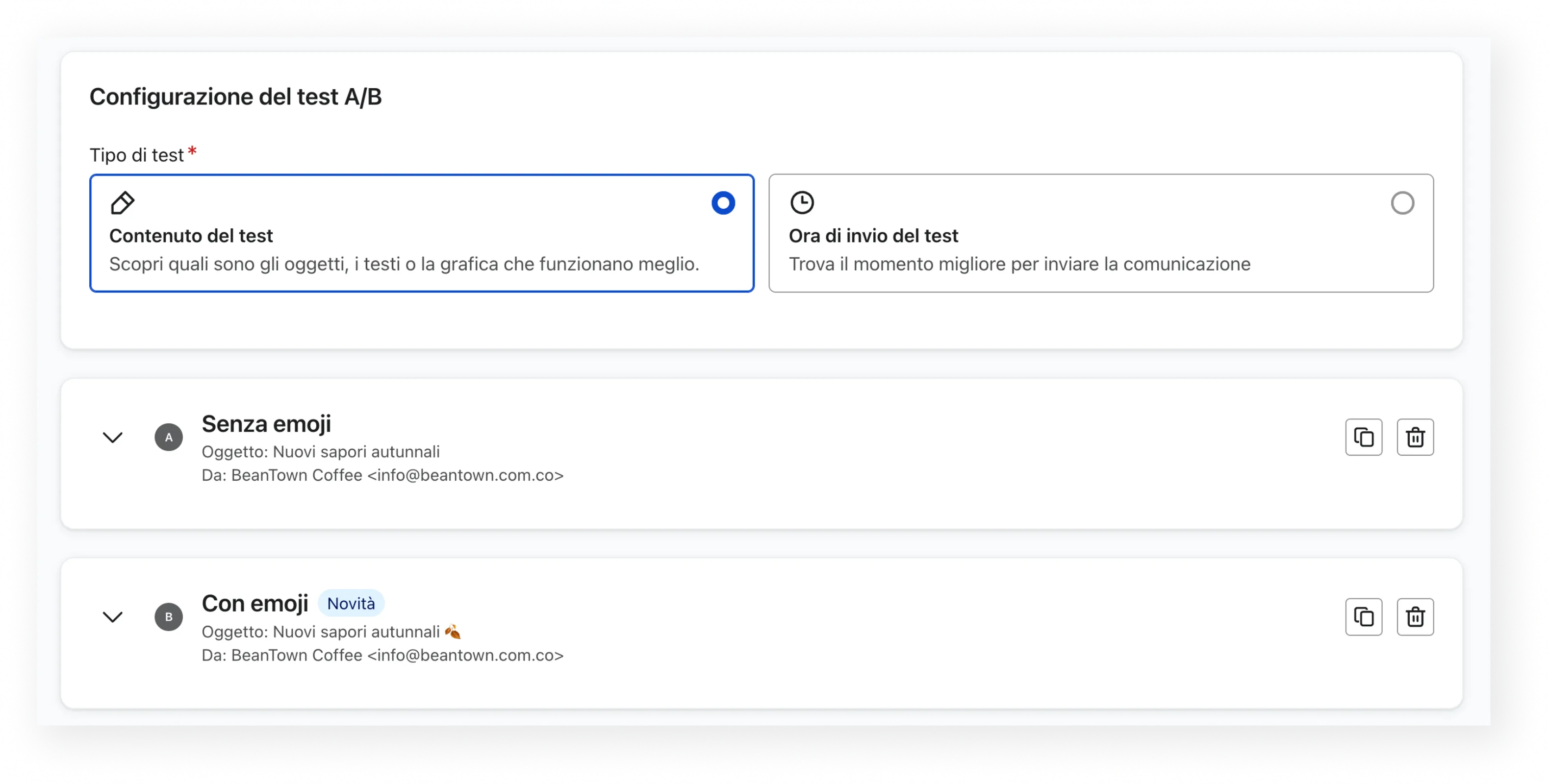 Screenshot of the 2 variations in a test. 