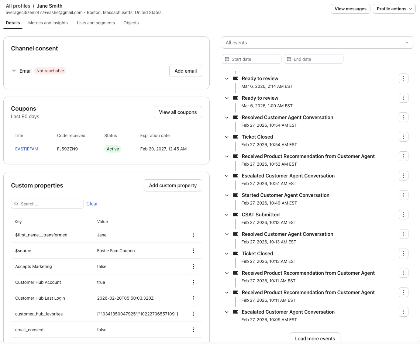 A profile in Klaviyo displaying Customer Agent event data in the profile activity feed
