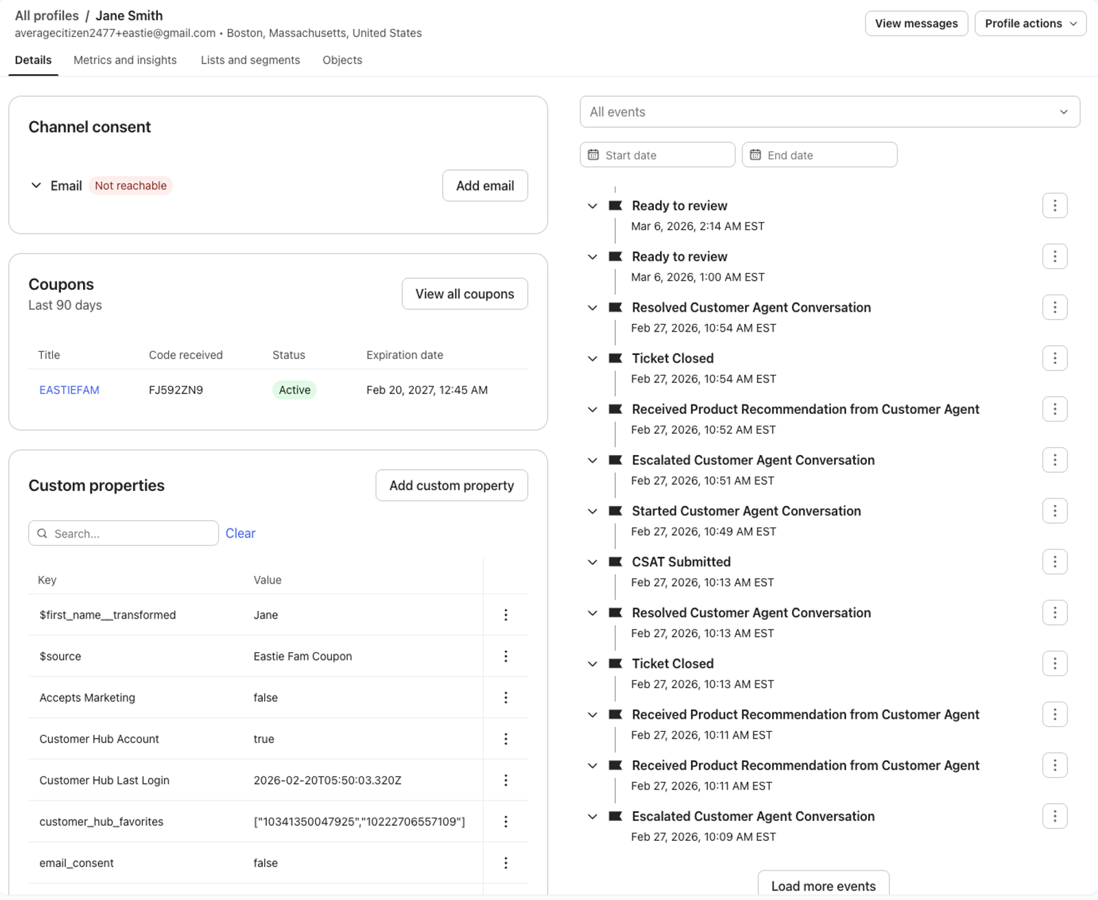 A profile in Klaviyo displaying Customer Agent event data in the profile activity feed