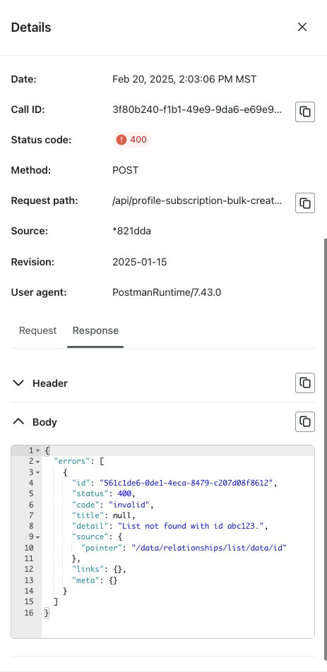 Response body of API log
