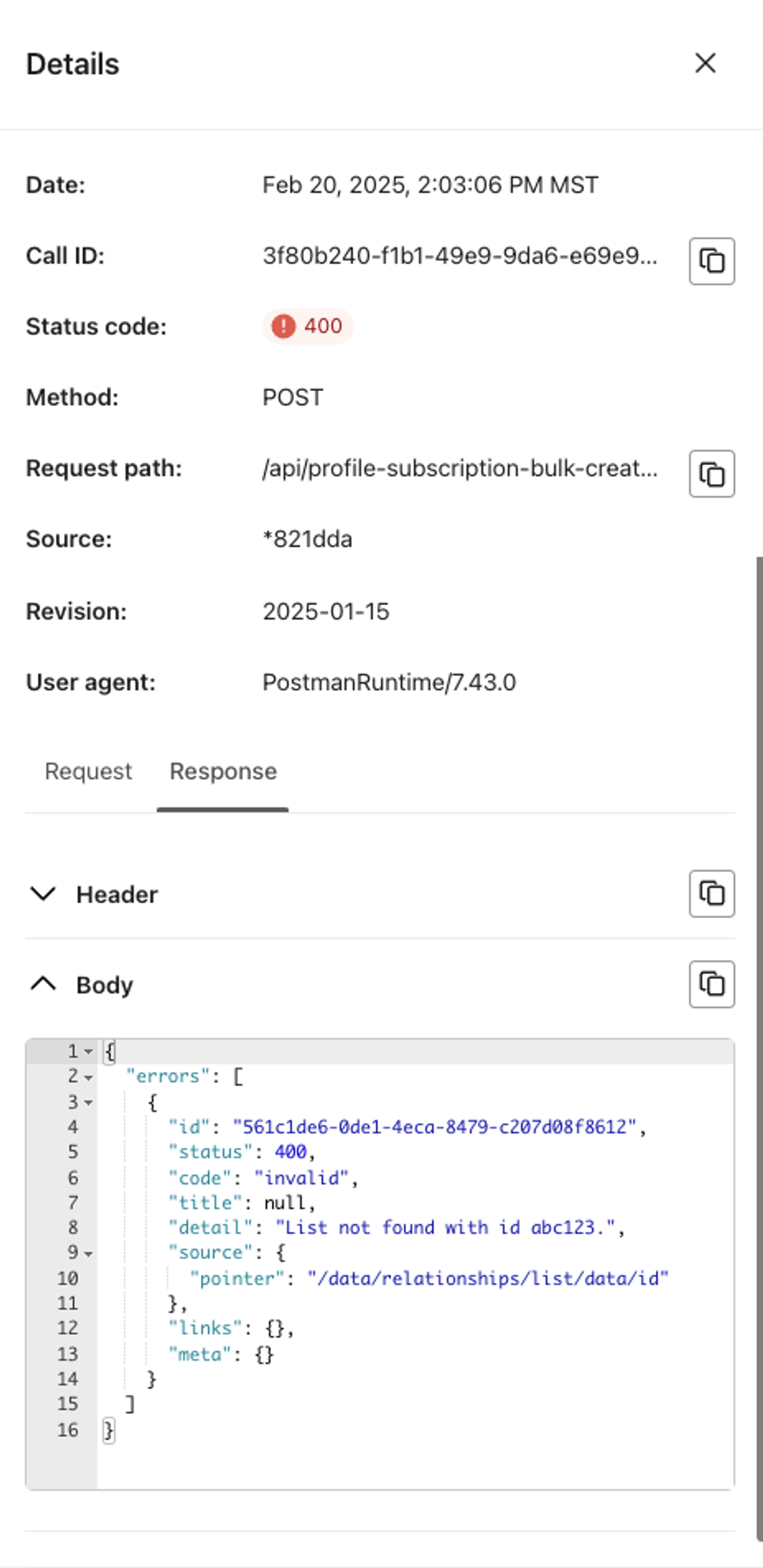 Response body of API log