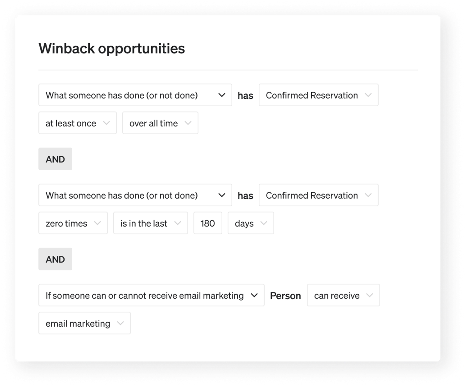 Winback opportunity segment built in the segment builder