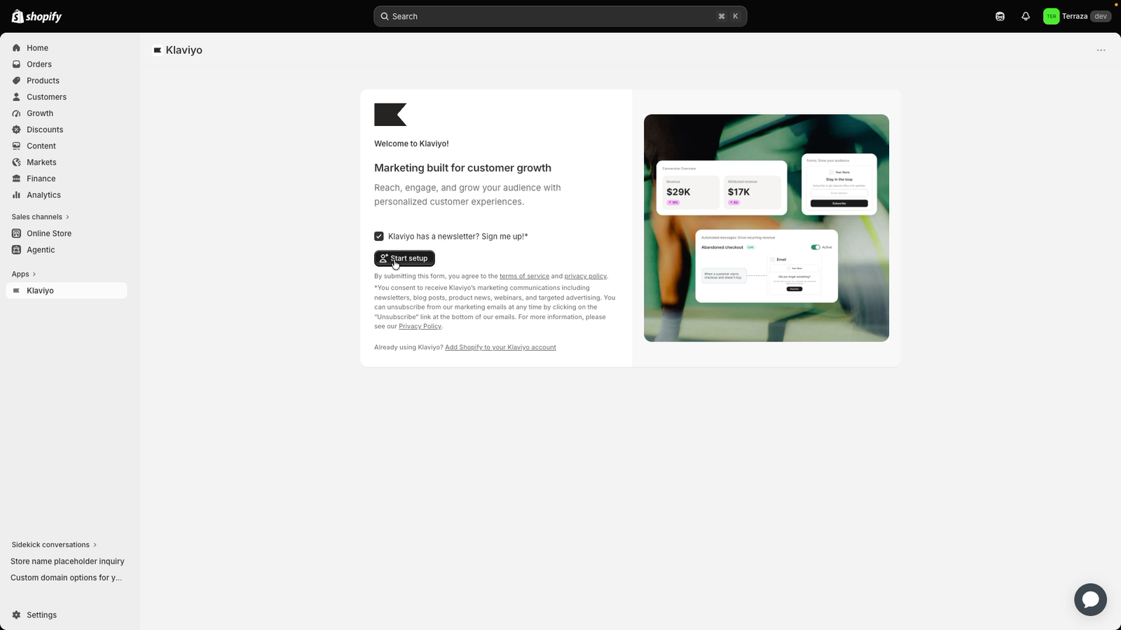 Shopify admin interface displaying the Klaviyo app setup page, offering marketing tools and a 'Start setup' button.