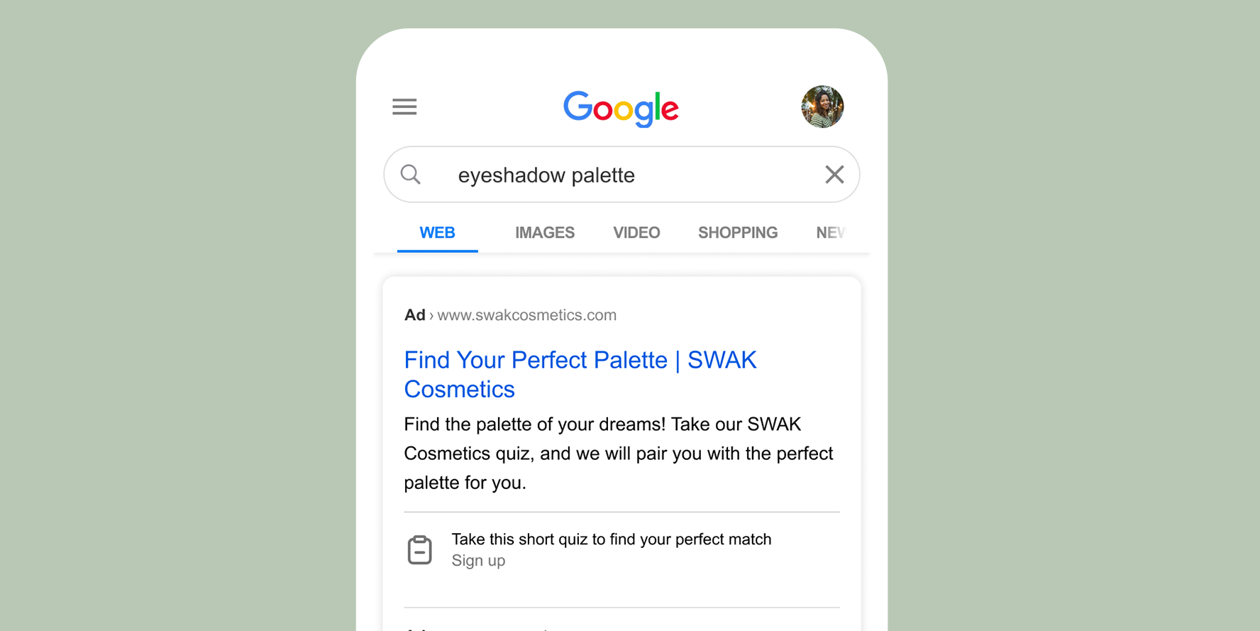 An ad encouraging someone to take a short quiz and enter contact information to help SWAK Cosmetics collect leads via Google.