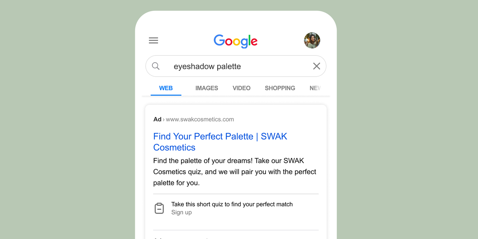 An ad encouraging someone to take a short quiz and enter contact information to help SWAK Cosmetics collect leads via Google.