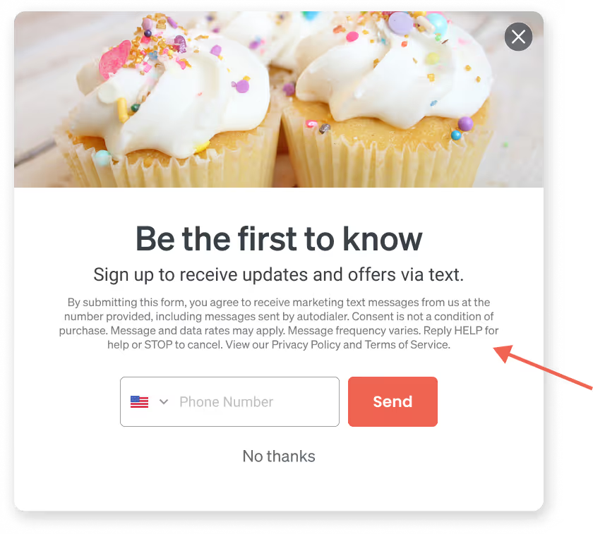 Popup showing marketing a consent checkbox for text messages, along with terms of service and privacy policy links