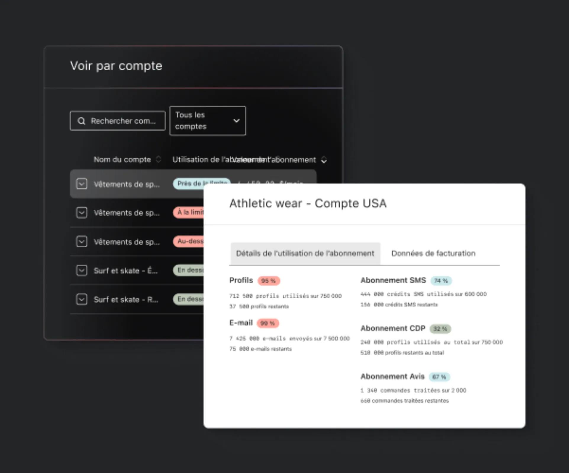 Exemple du contenu d’un portfolio dans Klaviyo : une liste de comptes et le pourcentage d’utilisation de leur abonnement 