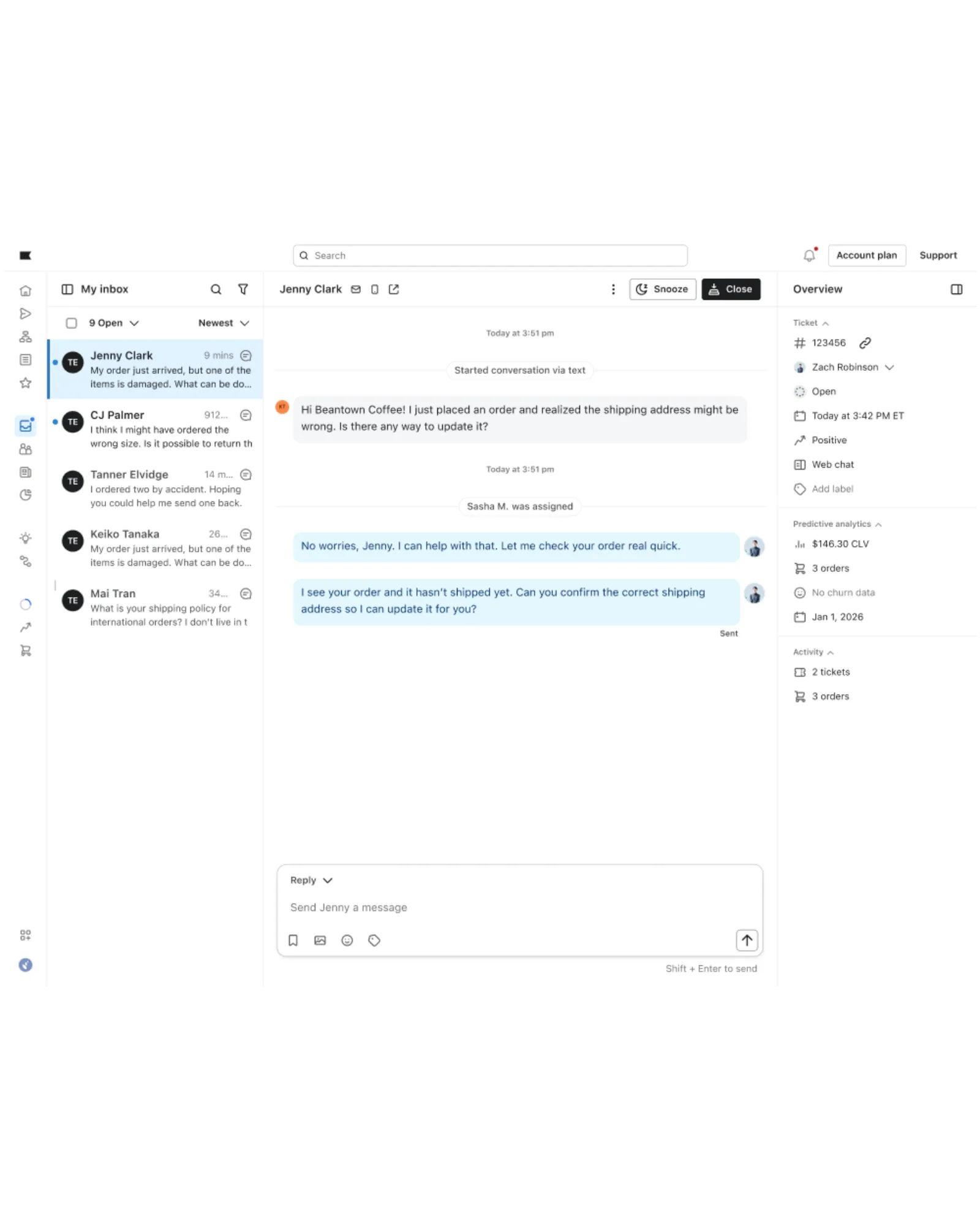 The customer's inquiry is escalated to a human agent, shown within Klaviyo's Helpdesk
