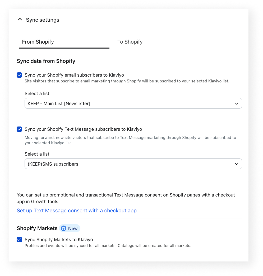 A “Sync settings” screen in the Shopify integration page shows options to sync email and SMS subscribers from Shopify to selected Klaviyo lists, along with a checkbox to sync Shopify Markets data.