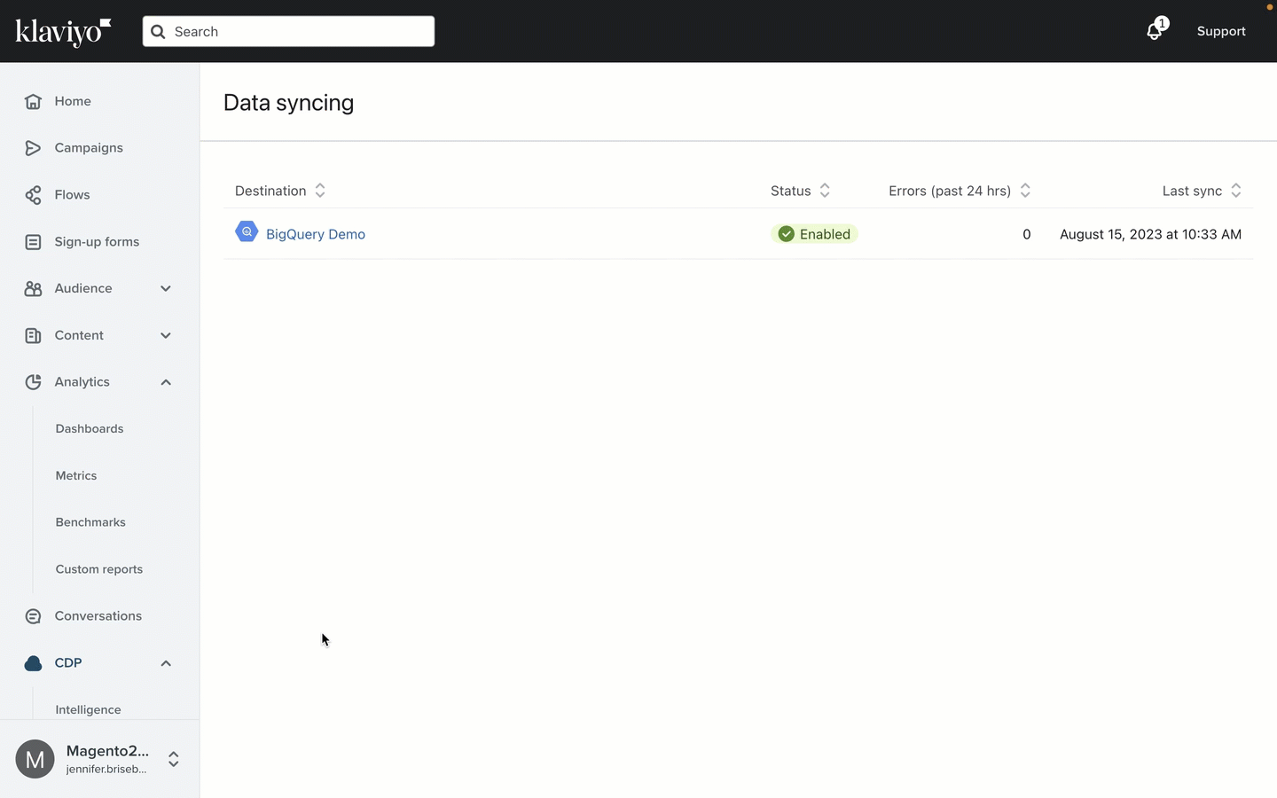A preview of the data warehouse syncing control screen in the Klaviyo app