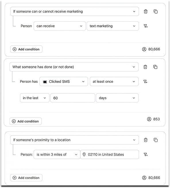 Customer segmentation interface with filters for marketing preferences, SMS engagement, and location.