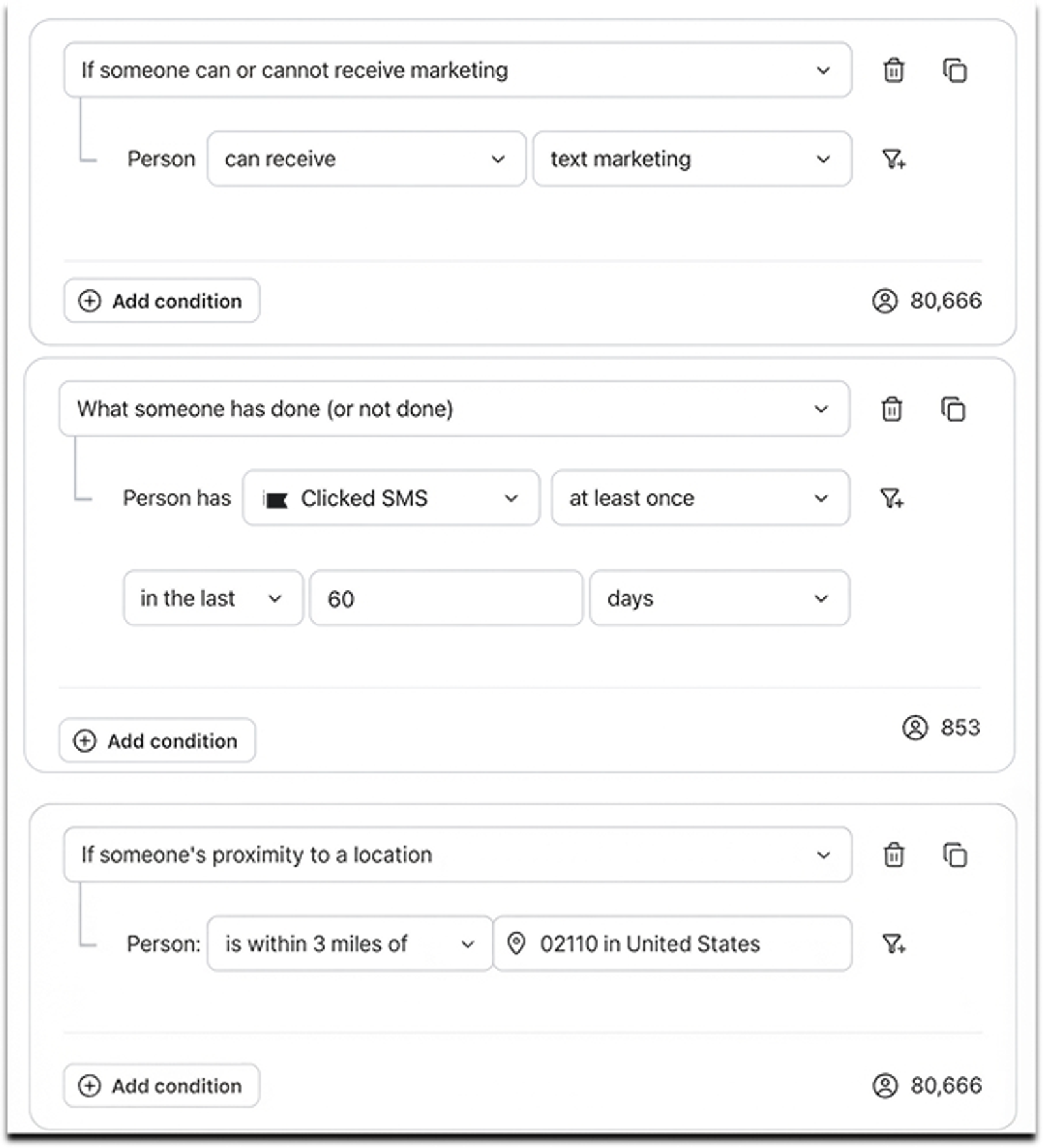 Customer segmentation interface with filters for marketing preferences, SMS engagement, and location.