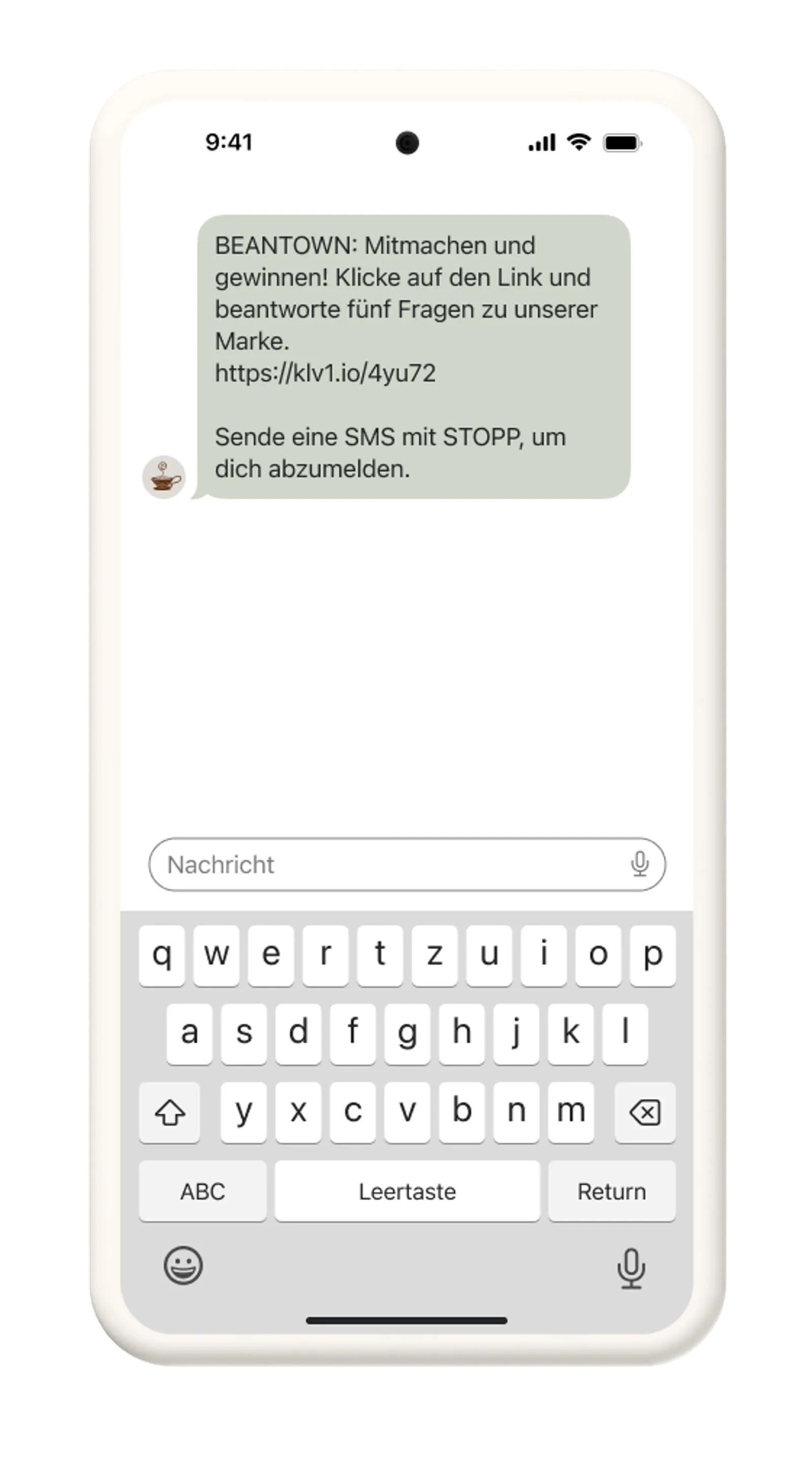 SMS-Nachricht, die die Abonnenten auffordert, eine Landing Page aufzurufen, um ein Spiel zu spielen. 