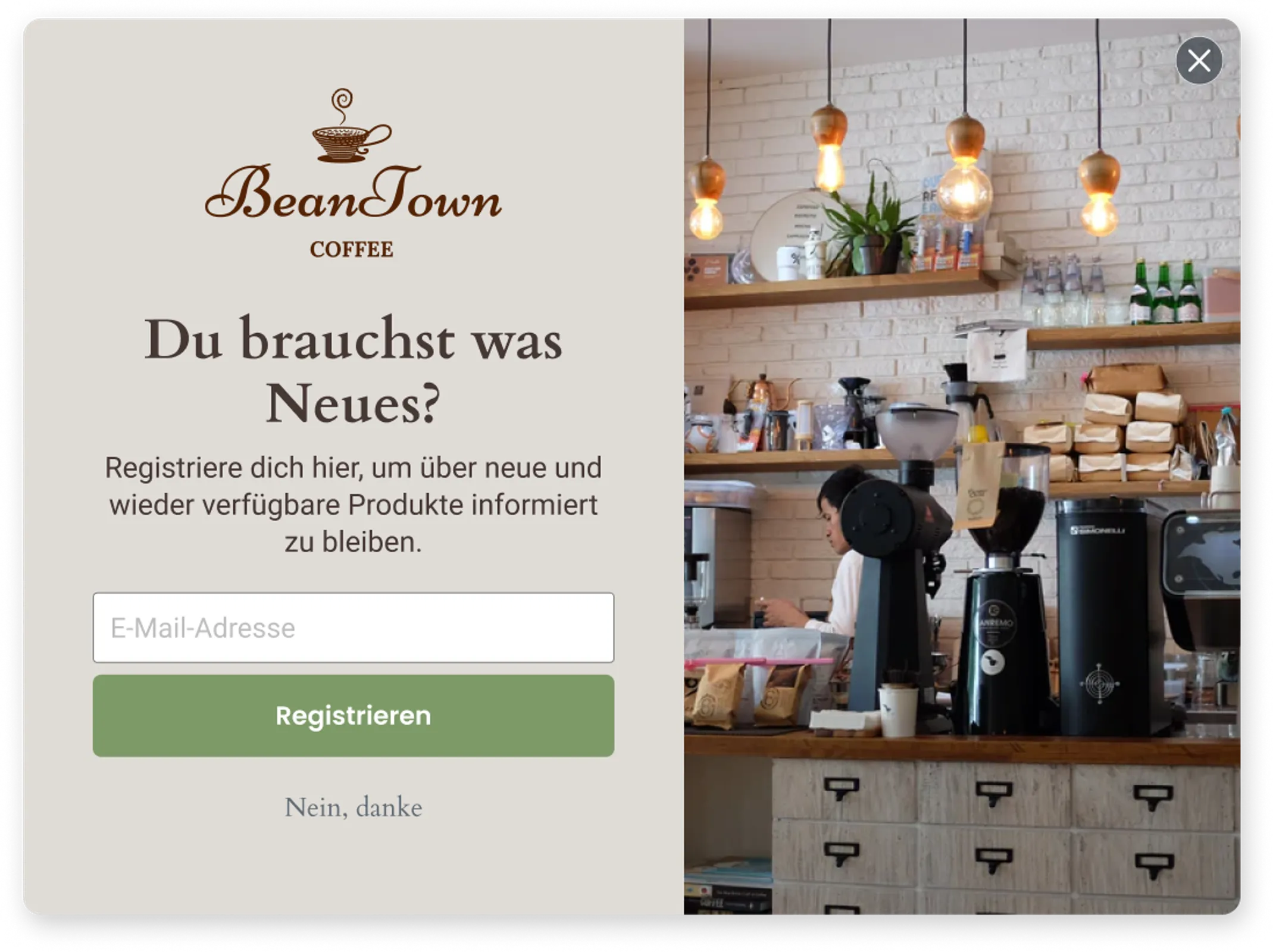 Nicht-auf-Lager-Formular von Beantown, das zur Anmeldung für Wieder-auf-Lager-Nachrichten anregt