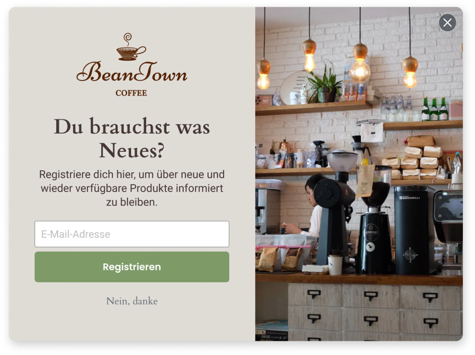 Nicht-auf-Lager-Formular von Beantown, das zur Anmeldung für Wieder-auf-Lager-Nachrichten anregt