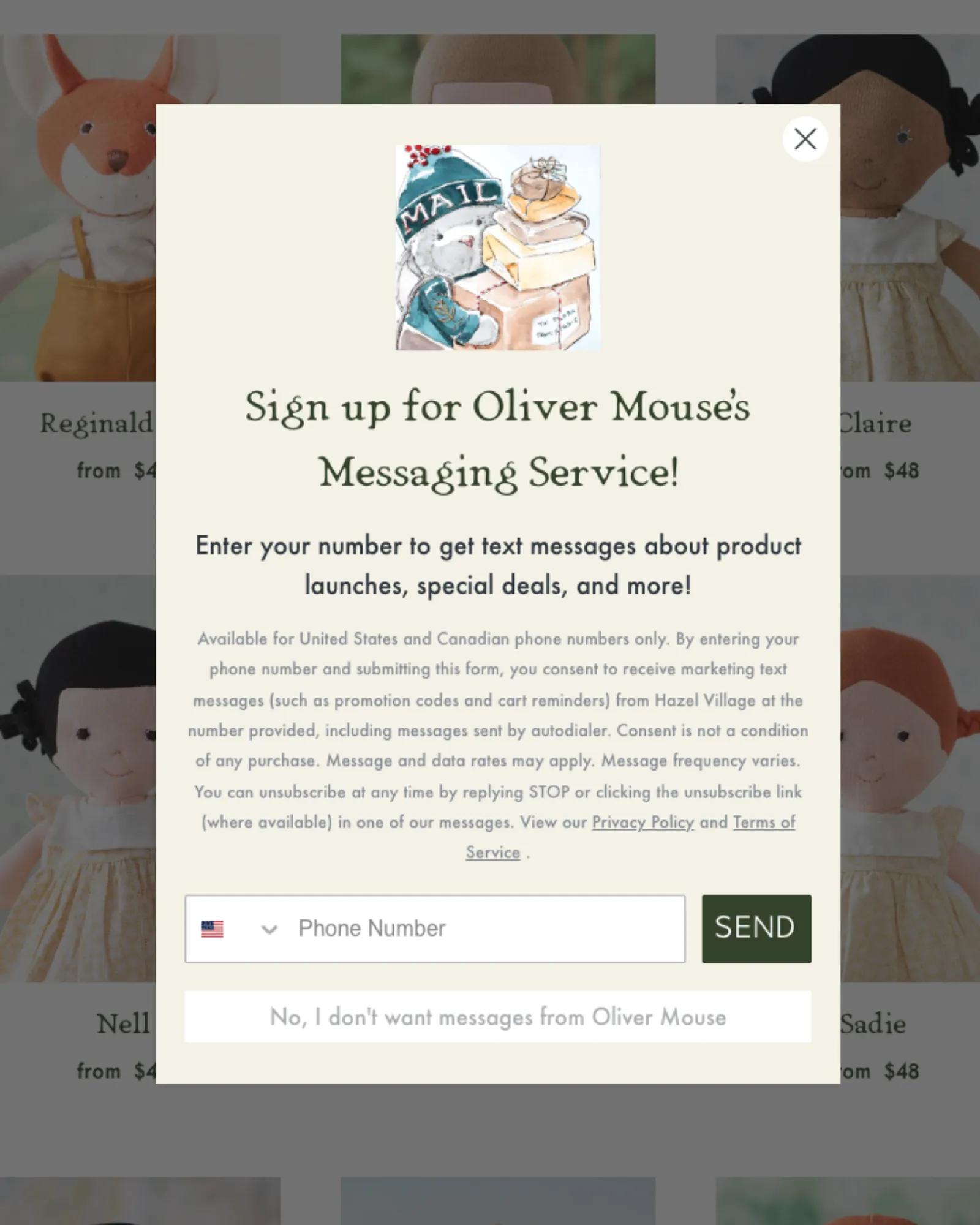 Second step of form: text message consent.