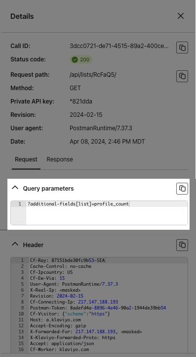Query parameters shown in API log