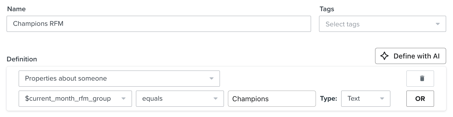 The segment builder creating a segment titled "Champions RFM" with the condition current_month_rfm_group equals Champions.