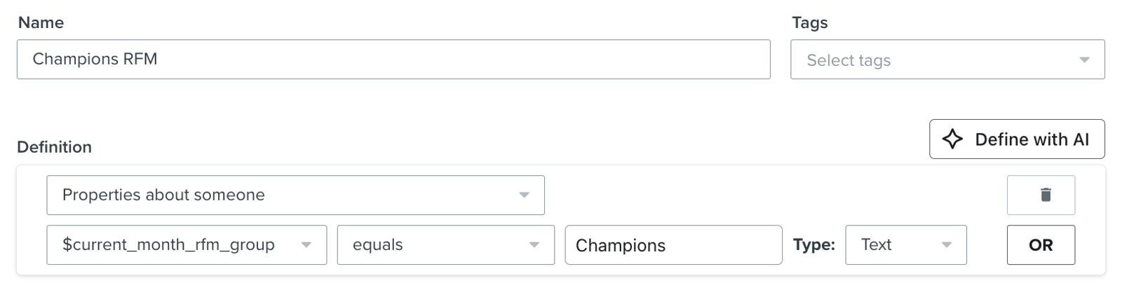 The segment builder creating a segment titled "Champions RFM" with the condition current_month_rfm_group equals Champions.