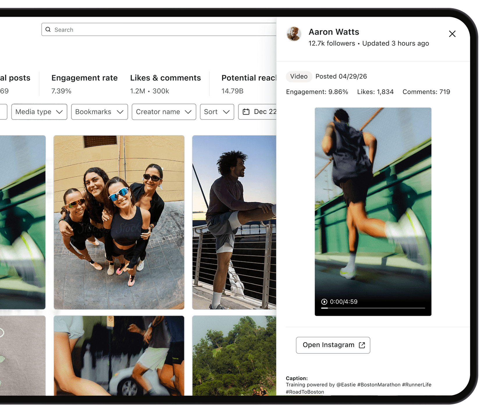 Social Content library displaying a grid of fitness posts and a detail window showing a specific post with engagement metrics.