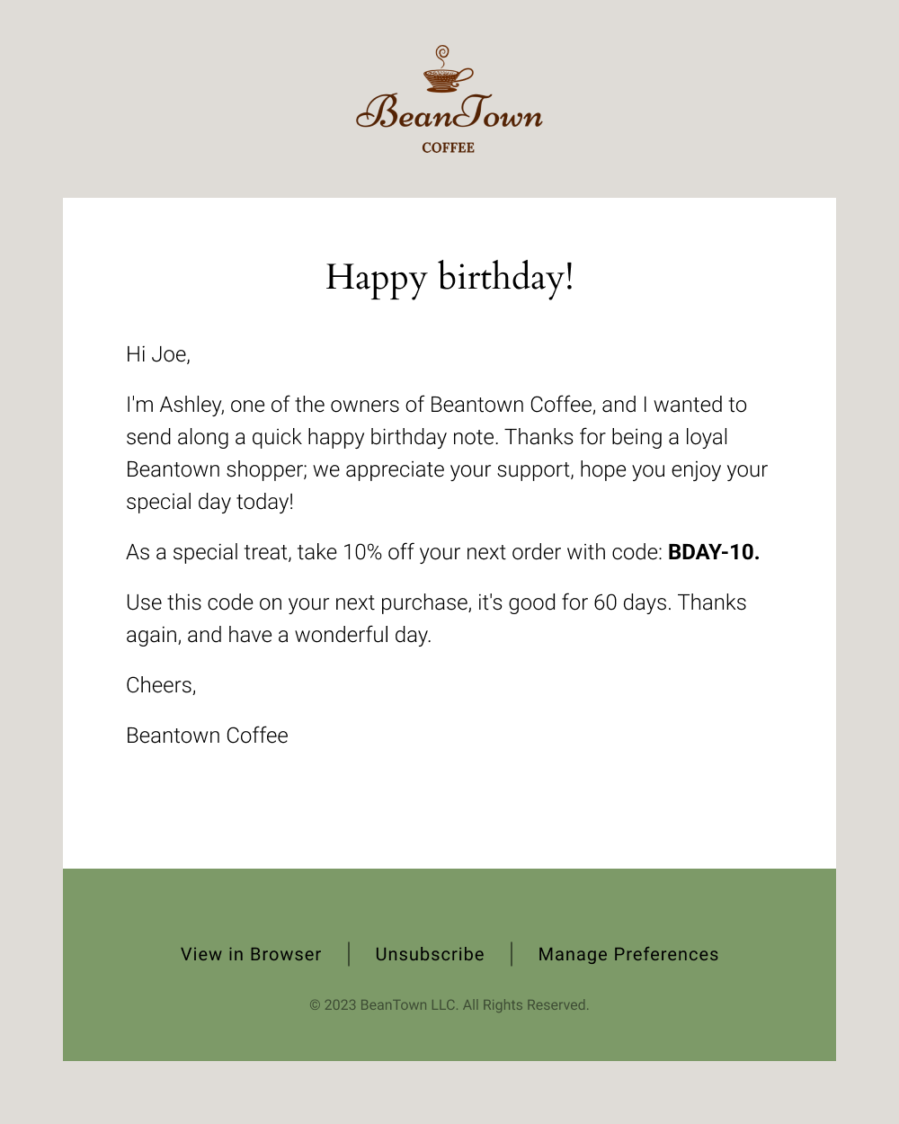 A birthday flow email from Beantown, offering 10% off to delight their recipient.