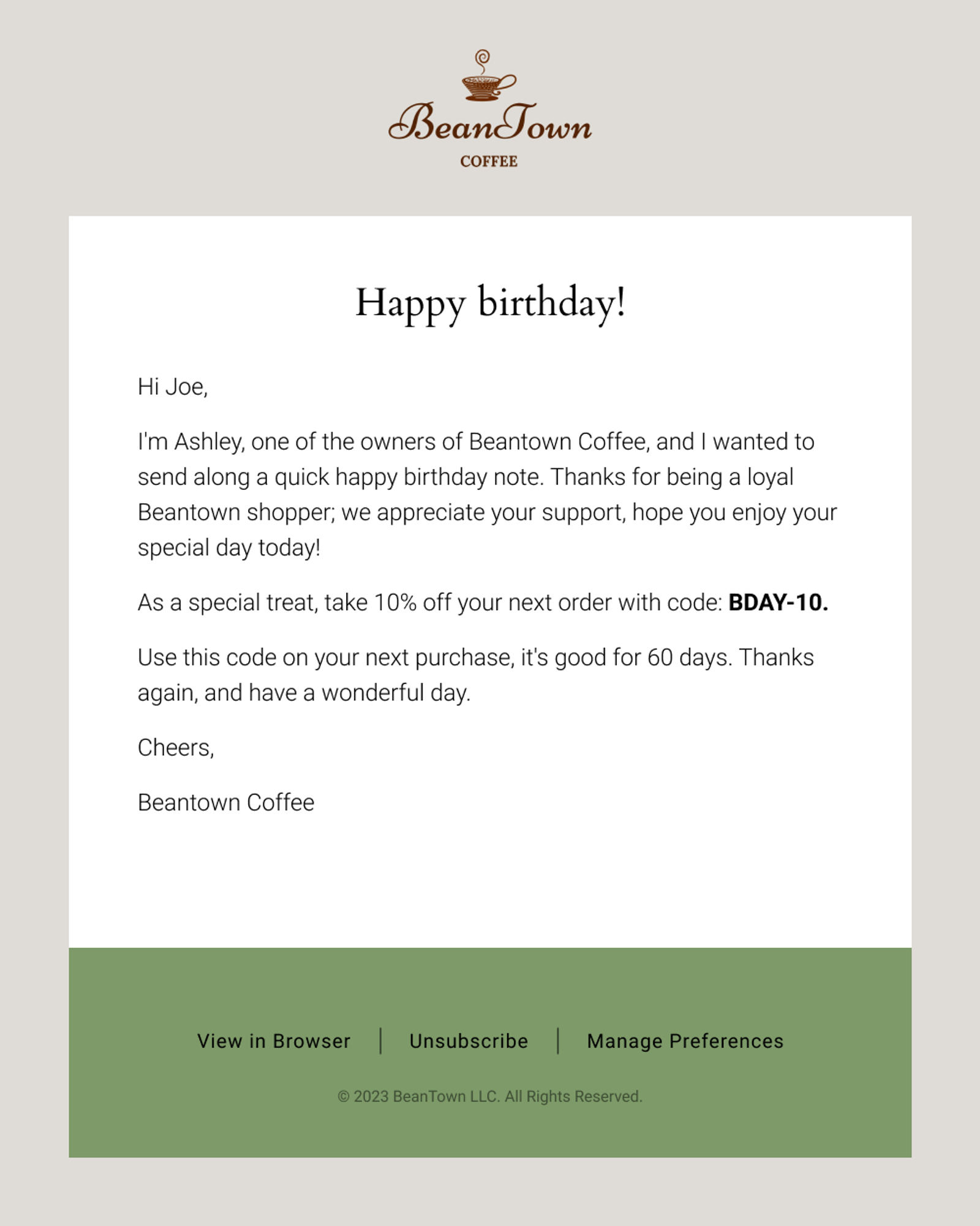 A birthday flow email from Beantown, offering 10% off to delight their recipient.