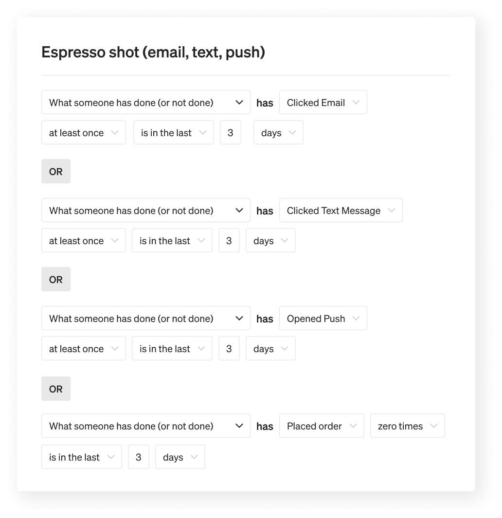 Espresso shot segment of people who have interacted with an email, text, or push in the last 3 days but haven't purchased.