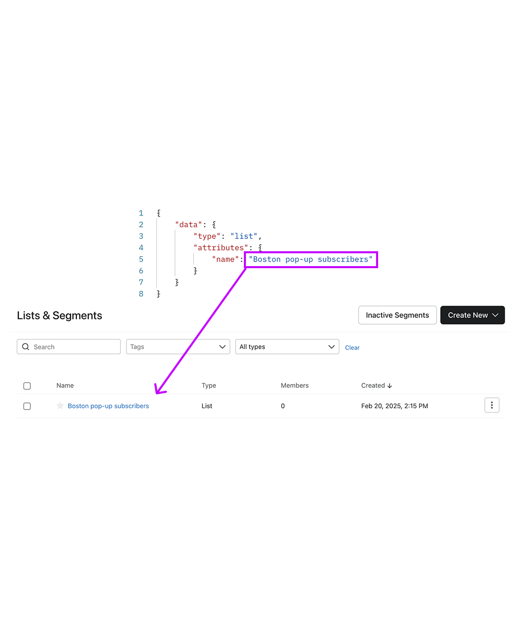 Create list API payload mapped to Klaviyo UI
