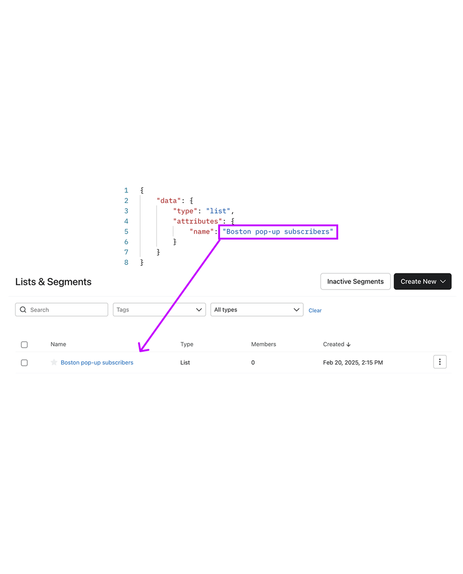Create list API payload mapped to Klaviyo UI