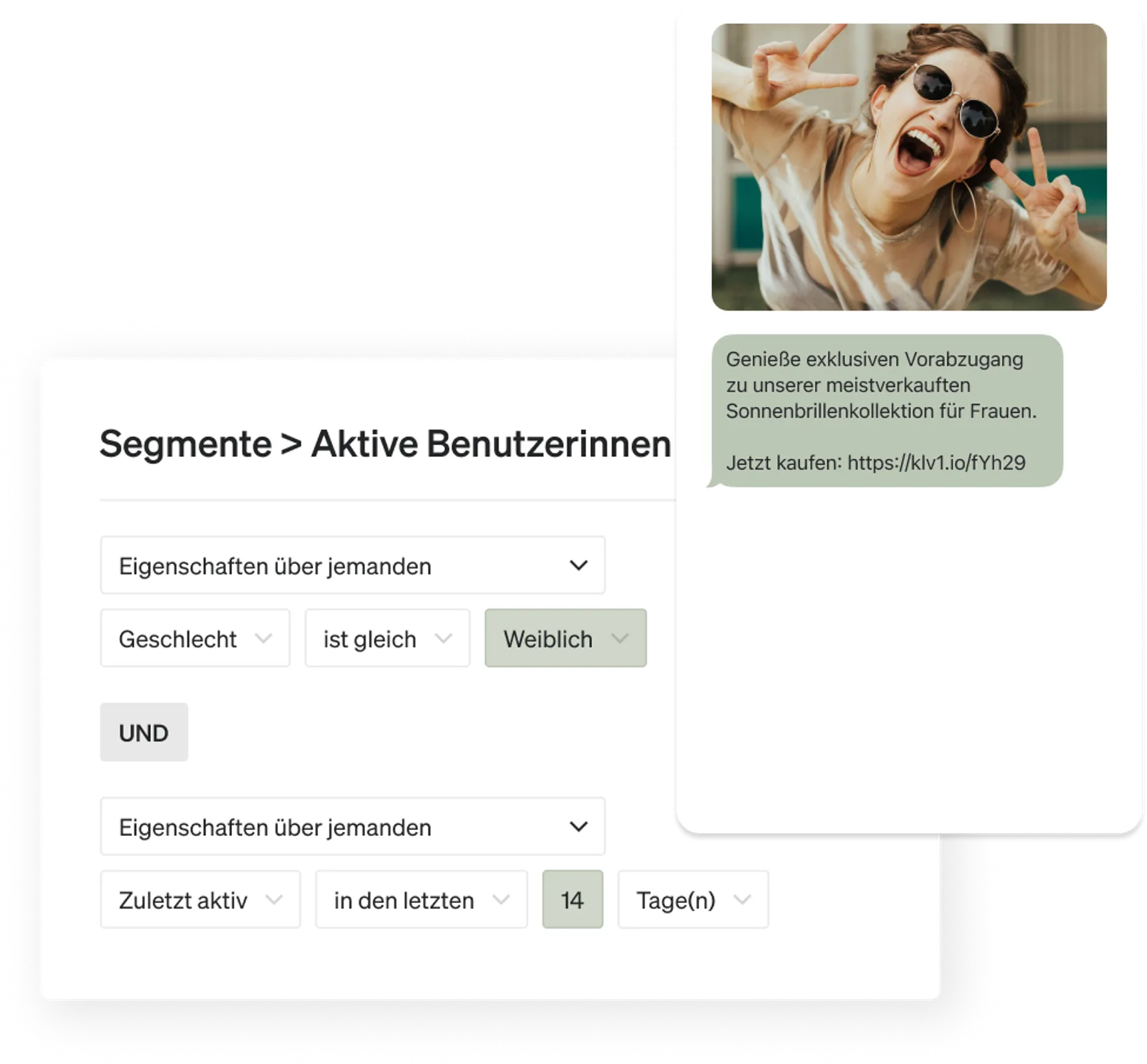Produktabbildung eines Segments und der dazugehörigen E-Mail, die aktive Nutzerinnen mit Werbung für Sonnenbrillen anspricht.