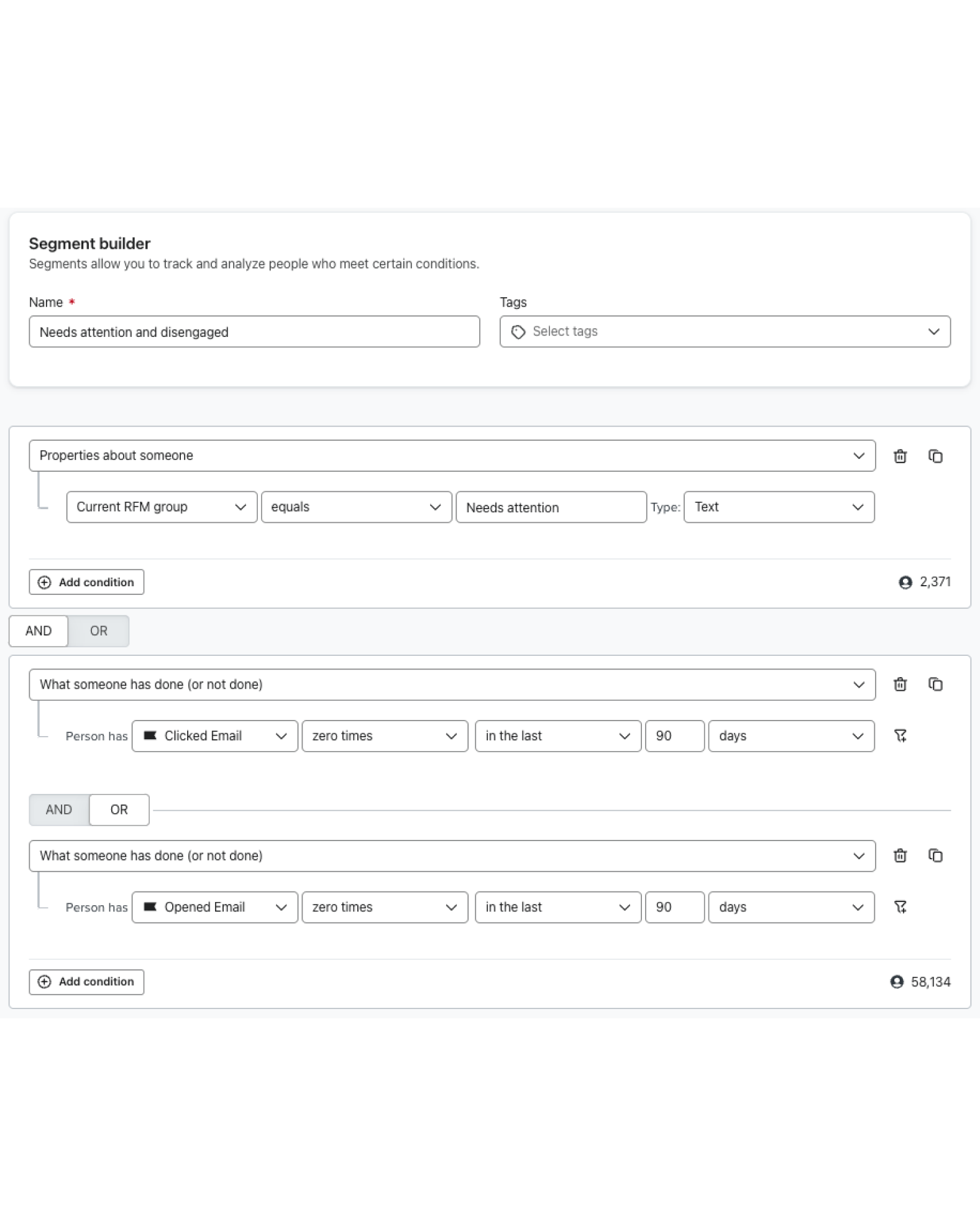 A segment of Needsattention profiles within Klaviyo