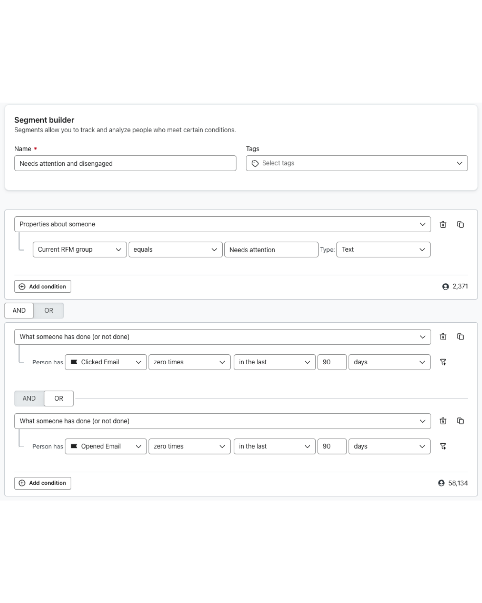A segment of Needsattention profiles within Klaviyo