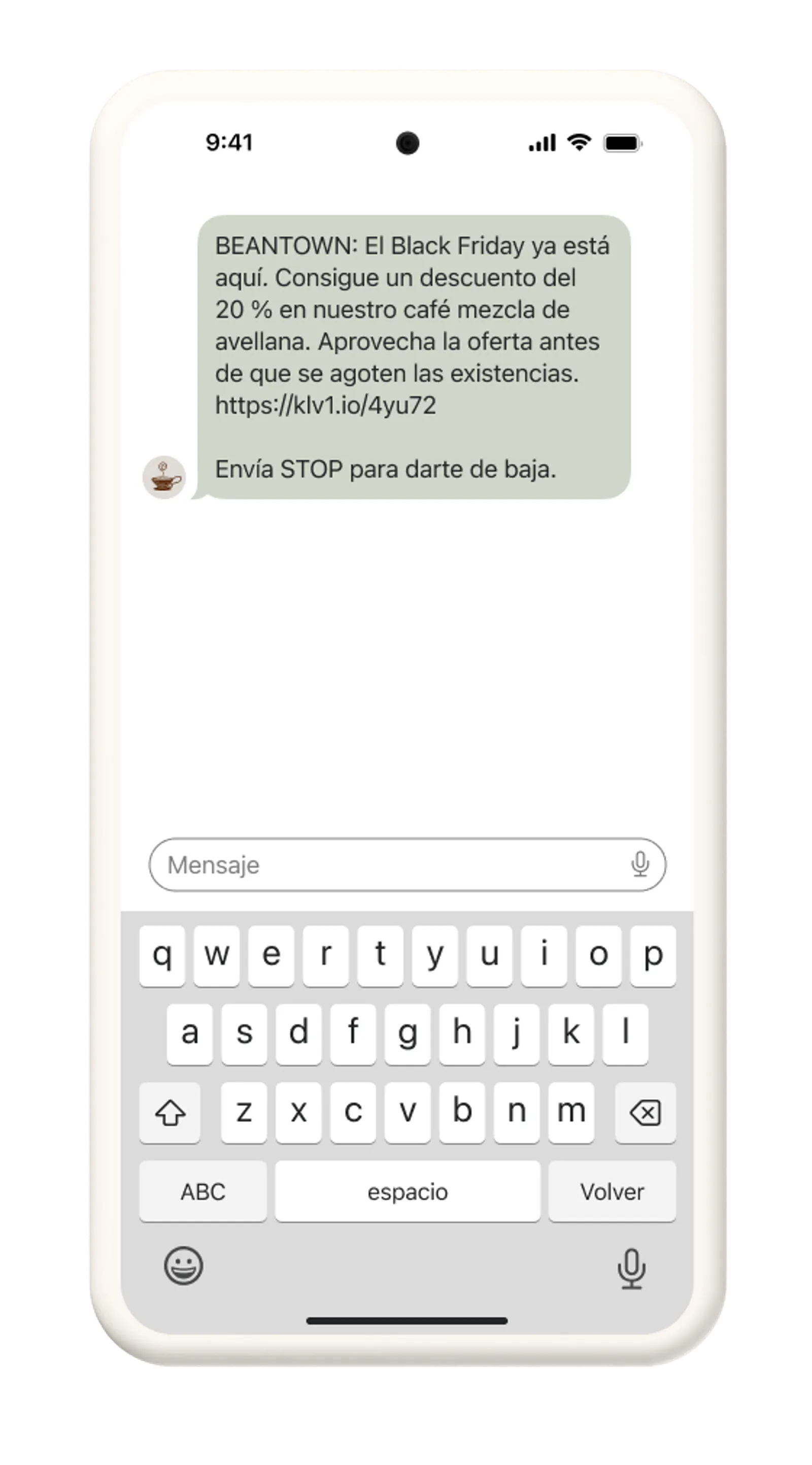 Beantown SMS message with 20% discount for BFCM.