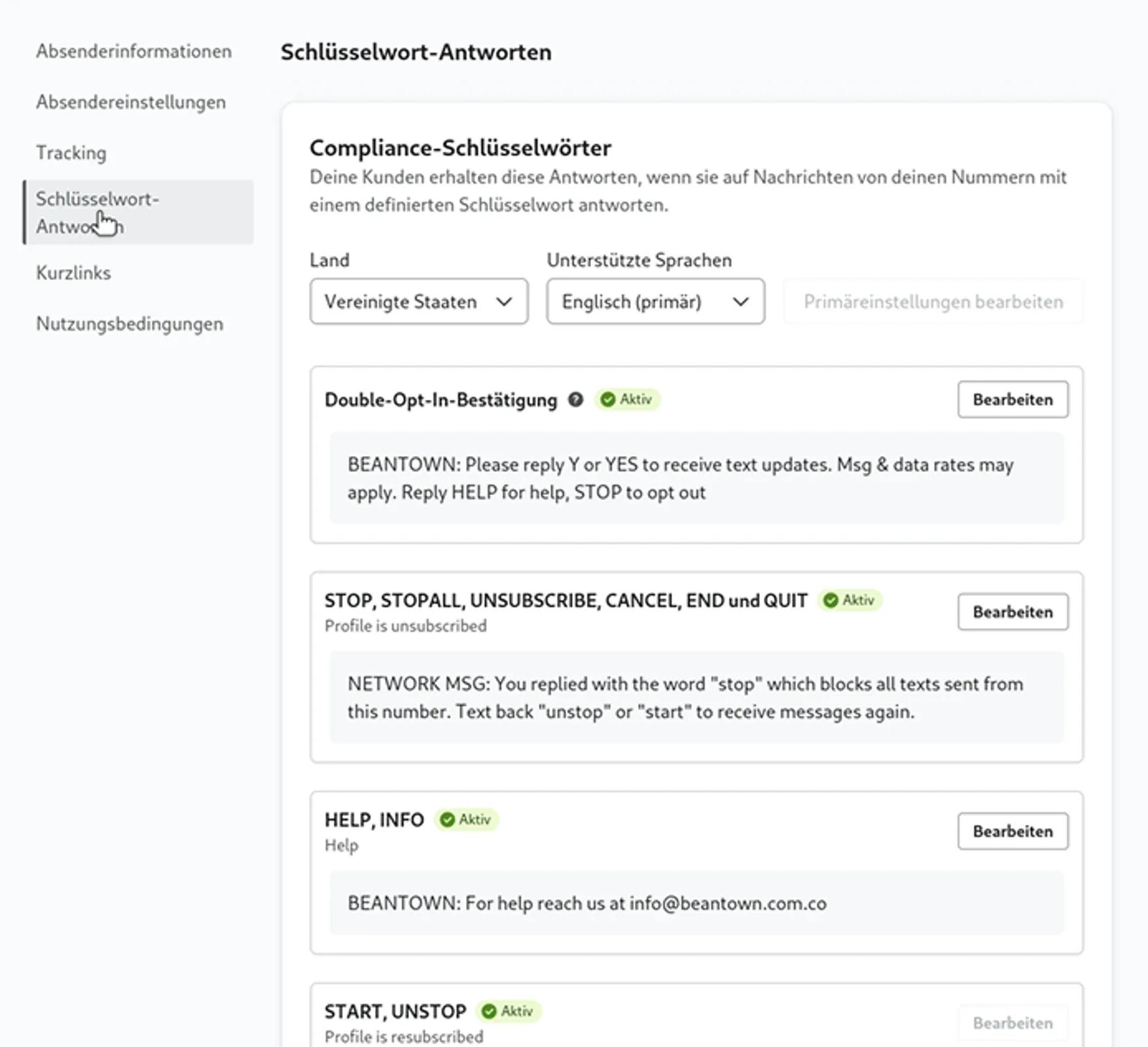 Beispiel für ein benutzerdefiniertes Abonnementschlüsselwort von Beantown: „COFFEE“