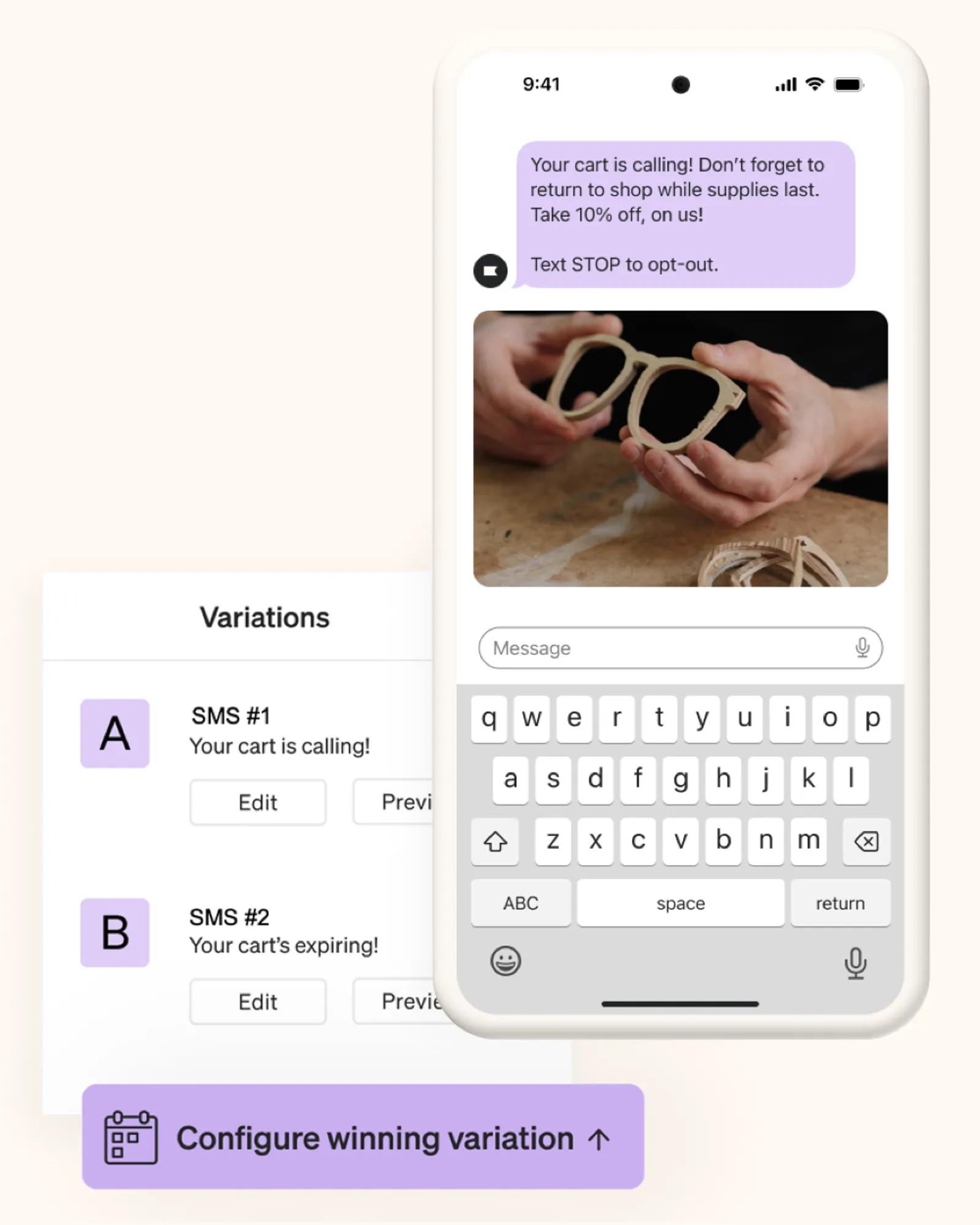 An A/B test of 2 intros to an SMS message, with slightly varied copy.