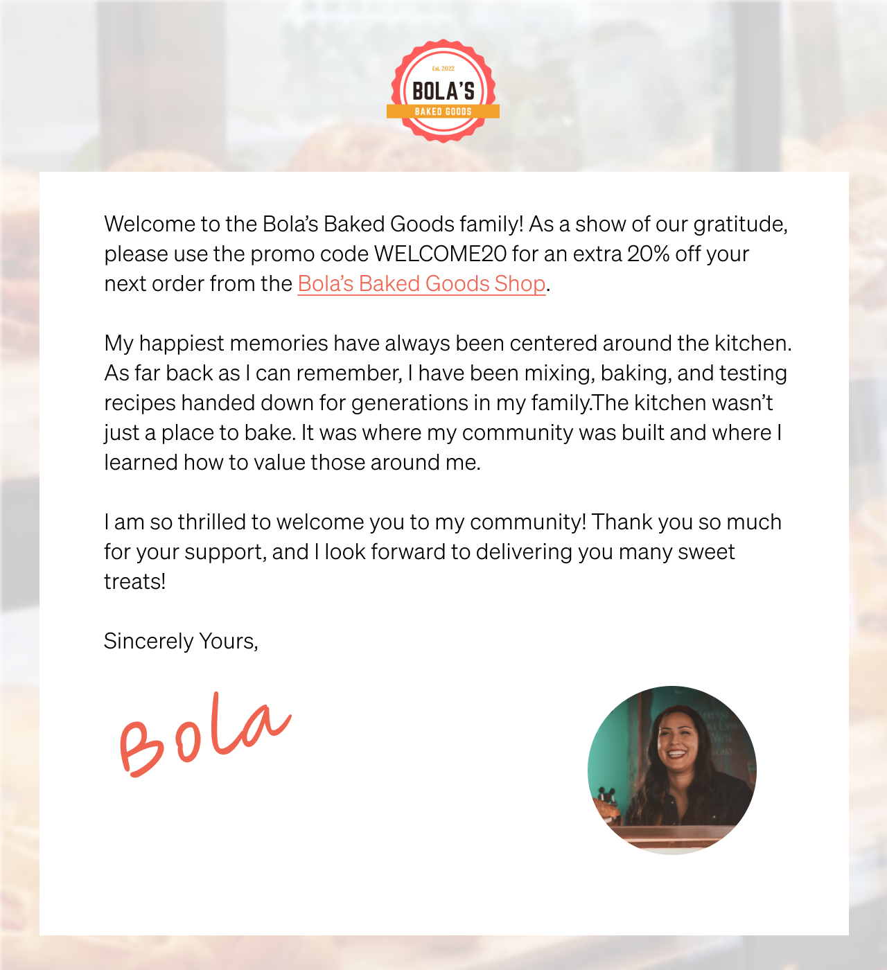 Welcome series email from Bola's Baked Goods, featuring the coupon code WELCOME20 for 20% off.