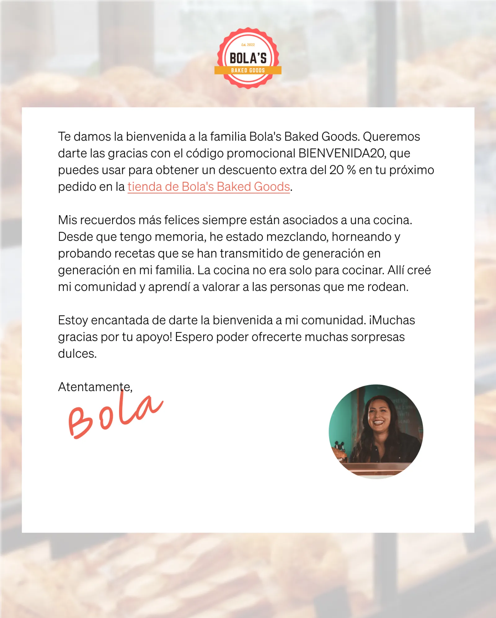 Welcome series email from Bola's Baked Goods, featuring the coupon code WELCOME20 for 20% off.