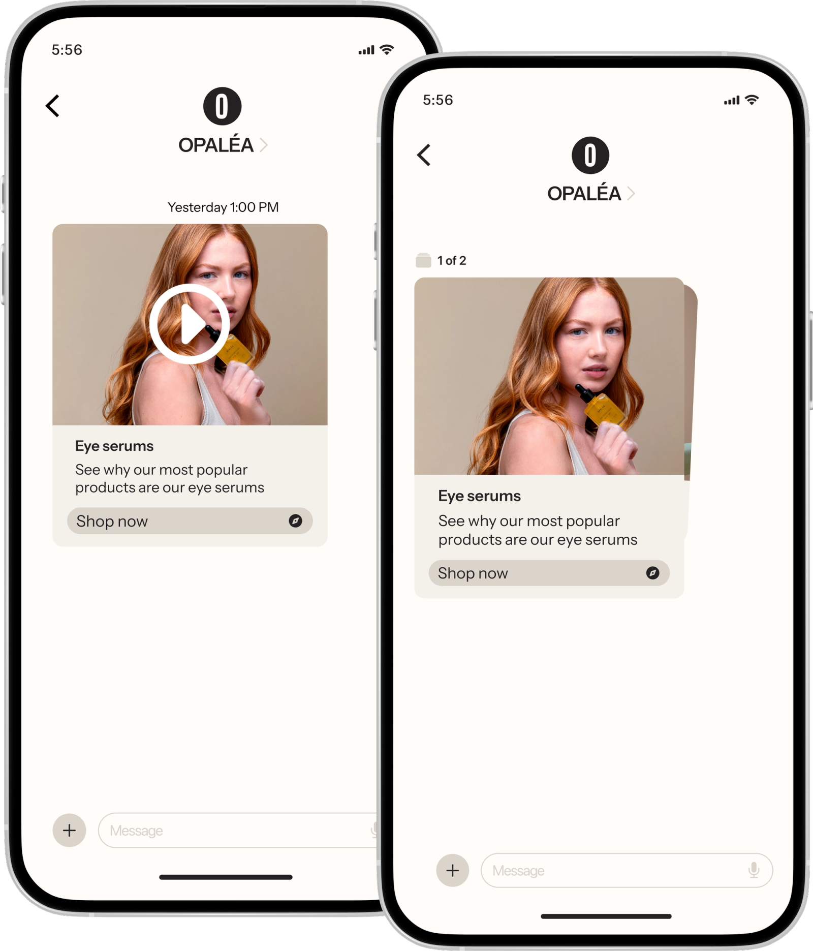 Two smartphones display RCS messages showing an OPALÉA message promoting eye serums, featuring a red-haired woman with a golden bottle. One shows a video thumbnail, the other a carousel image, both with a "Shop now" button.