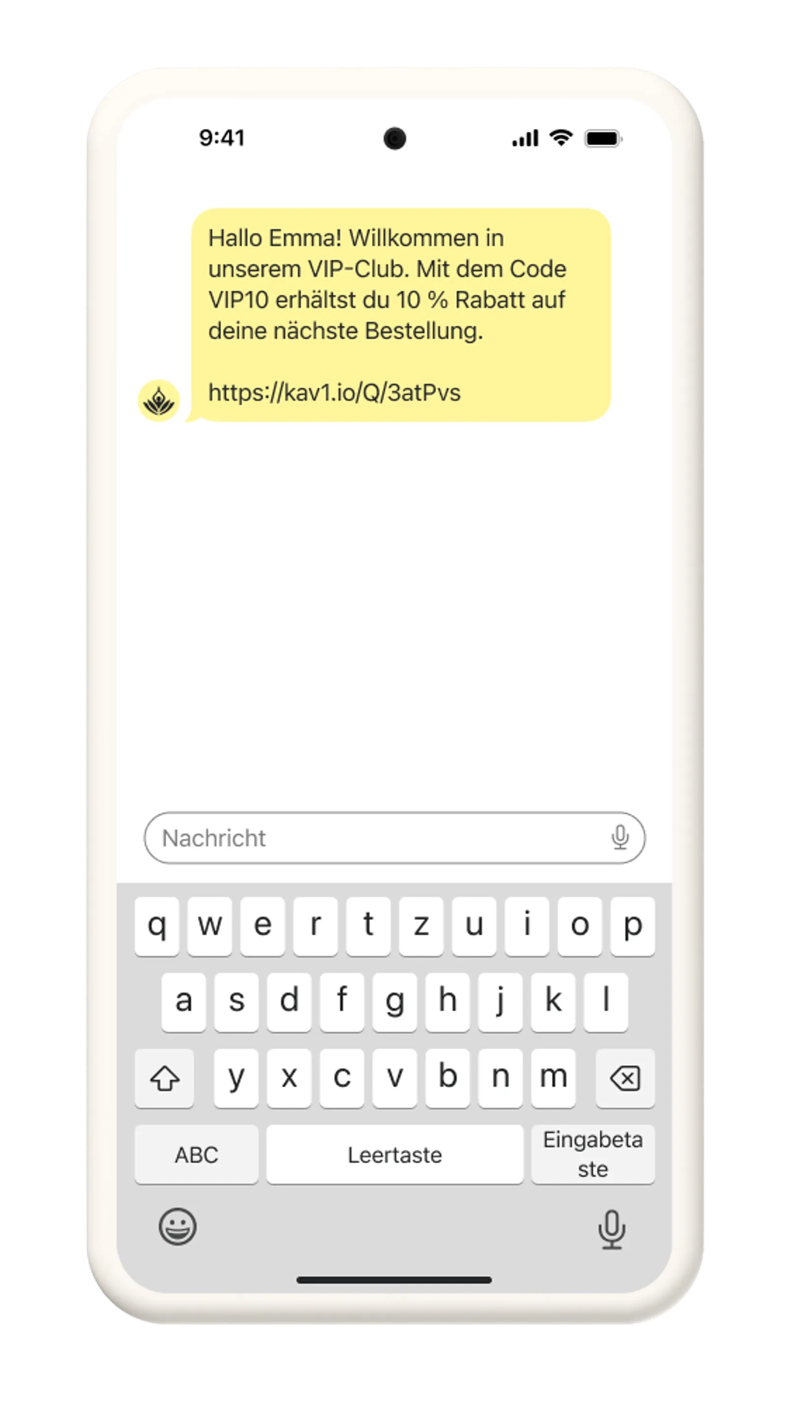 Eine VIP-Textnachricht von Good Company, die neue VIPs in ihrer Gemeinschaft willkommen heißt und einen exklusiven Gutscheincode für ihre nächste Bestellung anbietet.