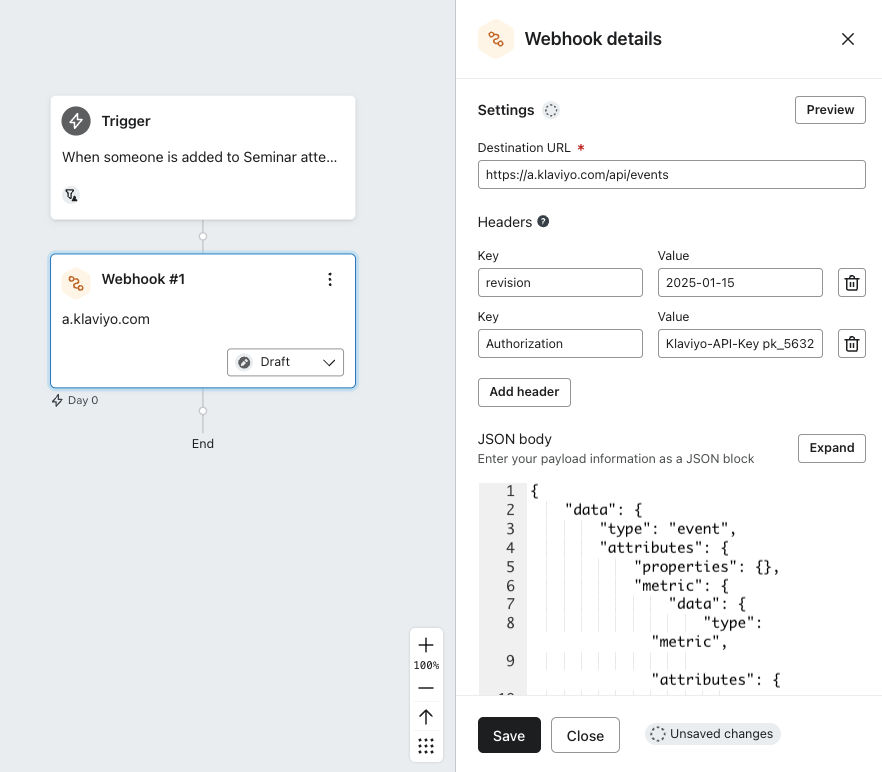 Webhook configured to create a new event