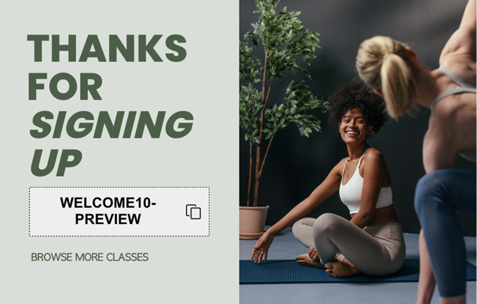 A sign-up form success message with an embedded coupon code