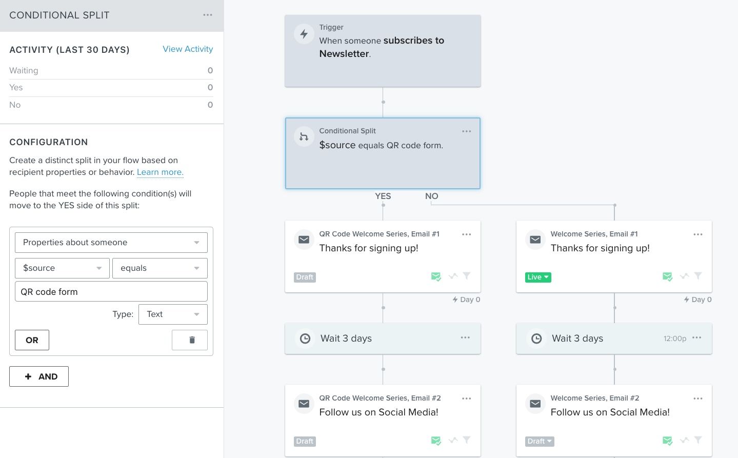 A conditional split within SWAKs welcome flow that leads some folks down the QR code path for specific in-store messaging.