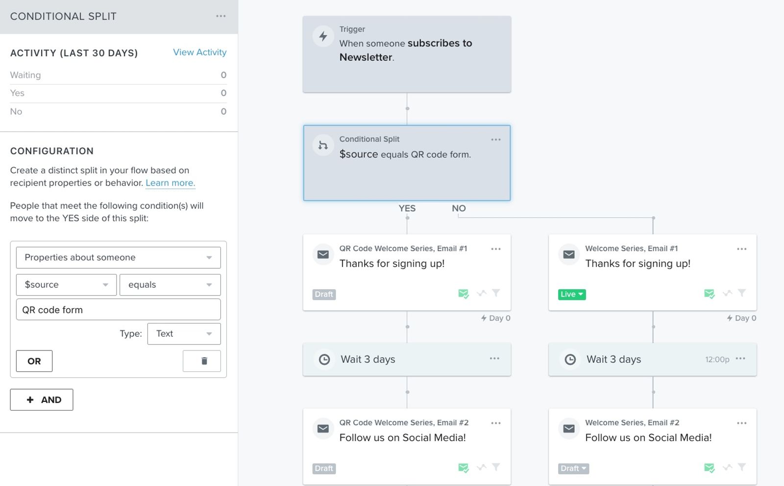 A conditional split within SWAKs welcome flow that leads some folks down the QR code path for specific in-store messaging.