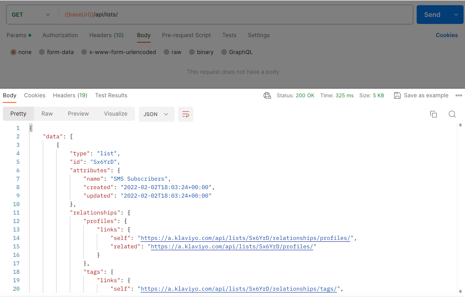 response to Get Lists API call