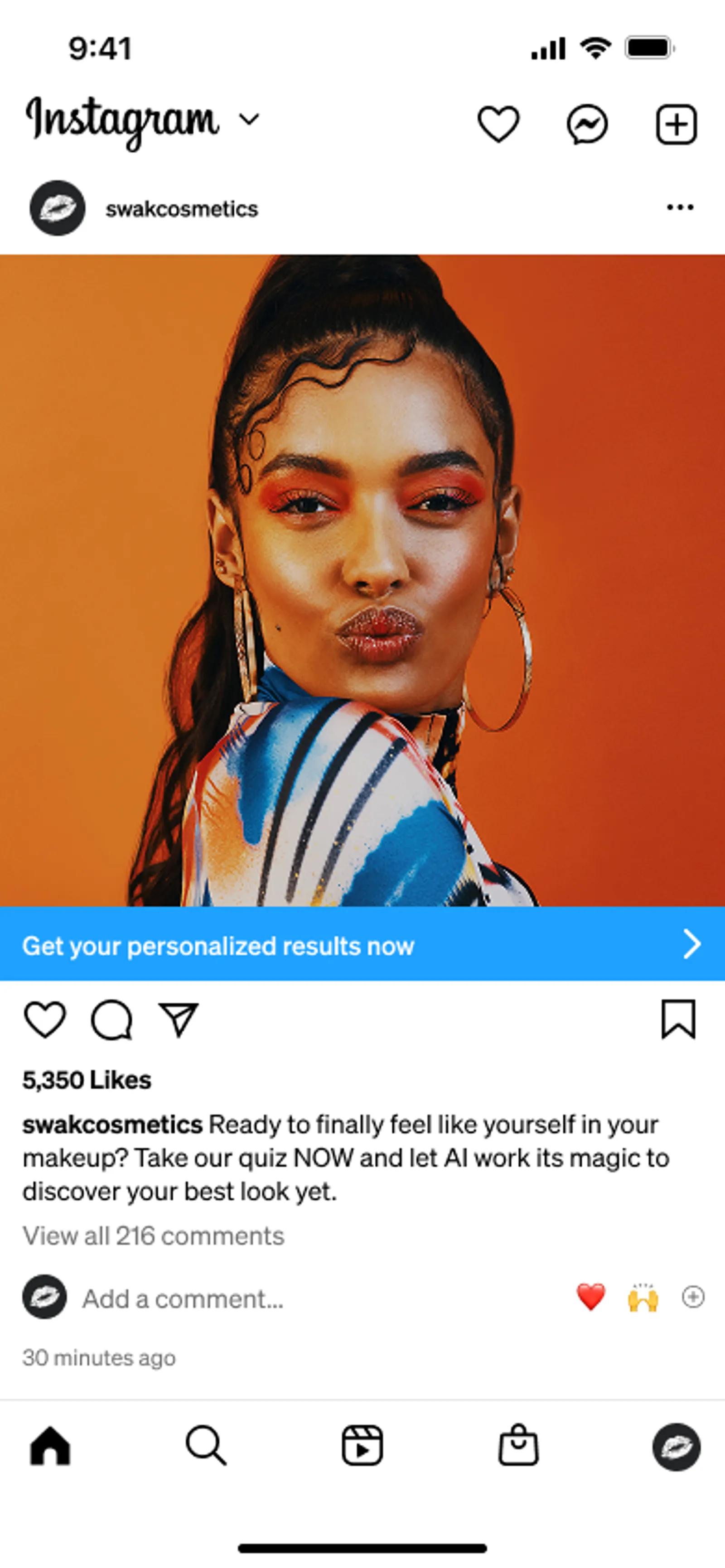 SWAK Instagram ad, advertising an AI makeup quiz. A girl is pouting at the camera in the picture.