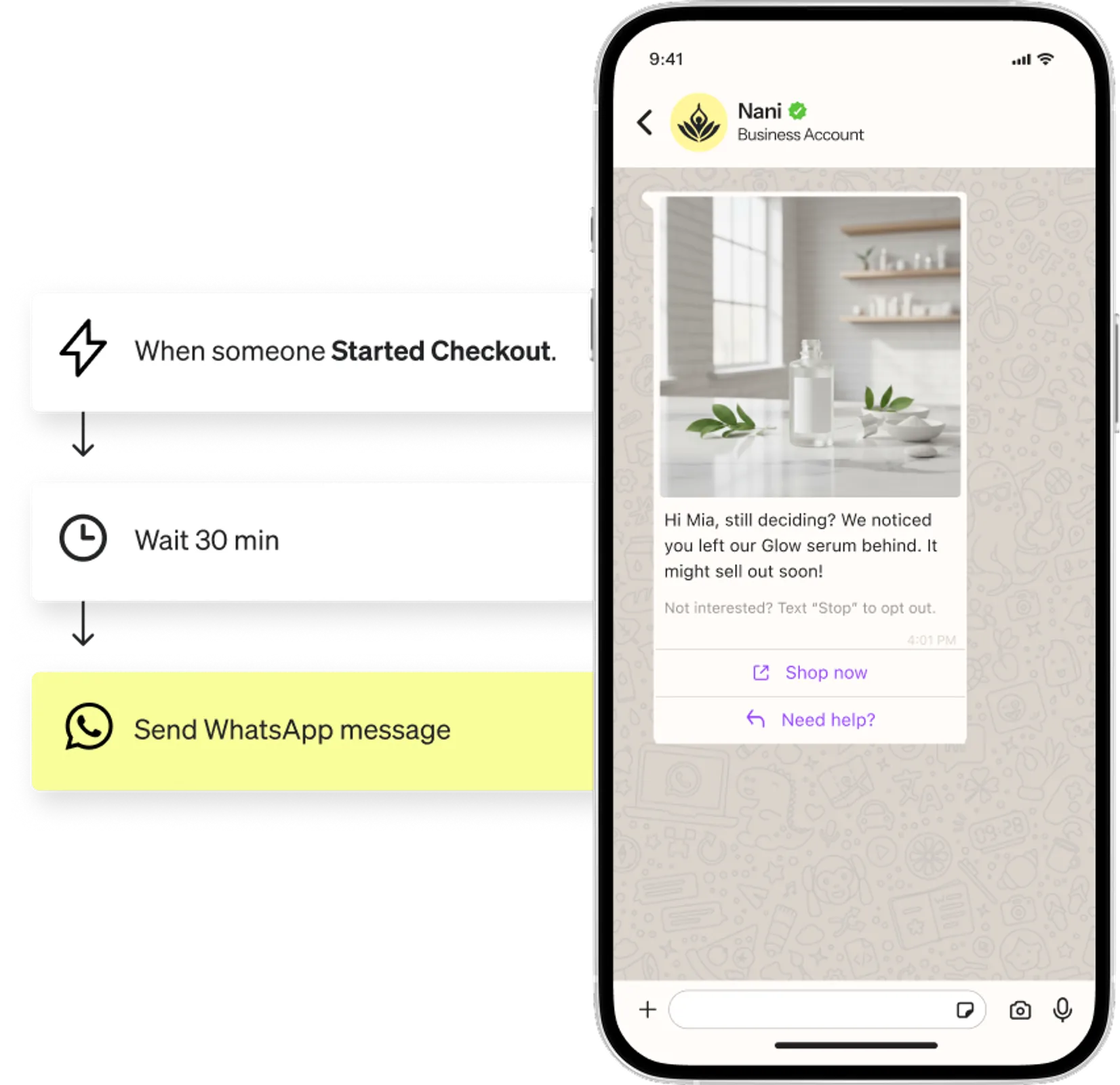 an abandoned cart flow with a WhatsApp cart recovery message